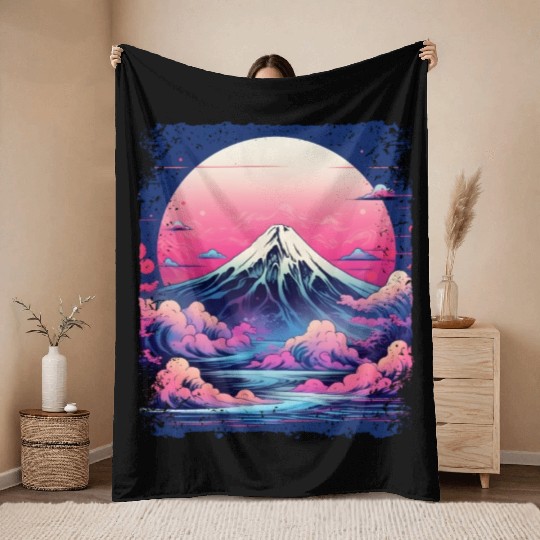 Vaporwave Volcano Aesthetic Japan Sight Mount Fuji Throw Blankets