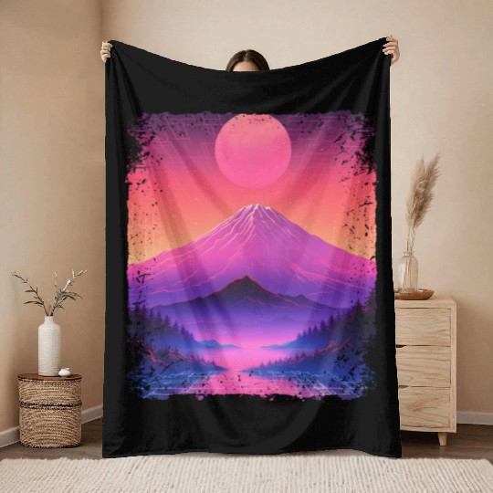 Mount Fuji Aesthetic Japan Sight Vaporwave Volcano Throw Blankets