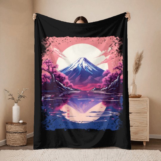 Vaporwave Aesthetic Japan Sight Mount Fuji Volcano Throw Blankets