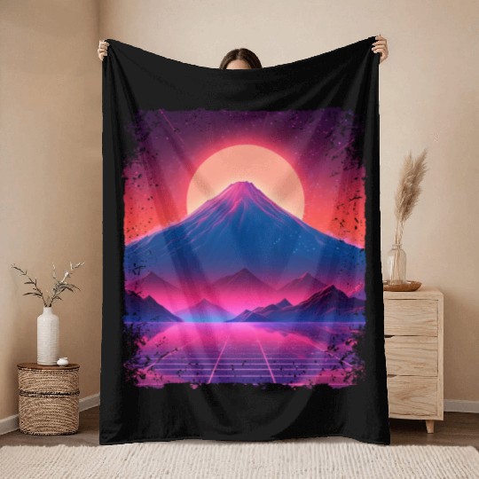 Aesthetic Vaporwave Japan Sight Mount Fuji Volcano Throw Blankets