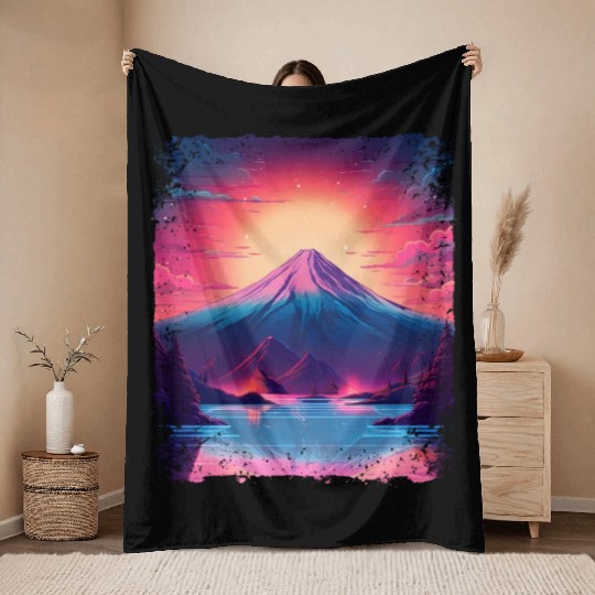 Mount Fuji Sight Aesthetic Japan Vaporwave Volcano Throw Blankets