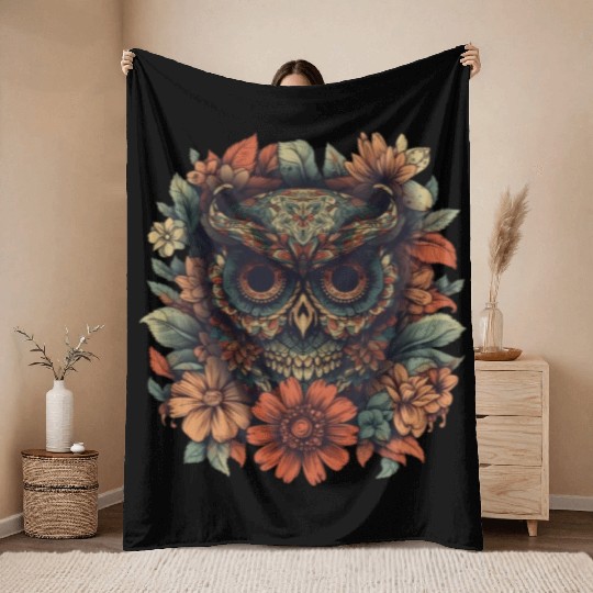 Owl Vintage Dia De Los Muertos Floral Sugar Throw Blankets