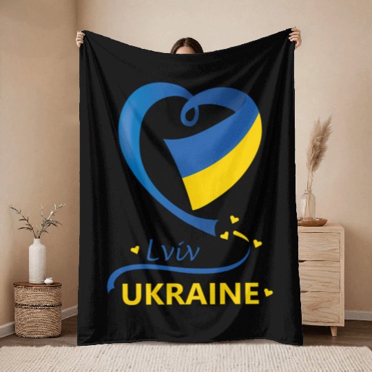 Lviv Ukraine National Flag Heart Emblem Crest Throw Blankets