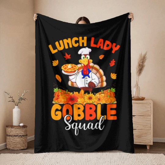 Funny Lunch Lady Autumn Turkey Gobble Happy Throw Blankets