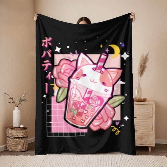 Boba Tea Cat Bubble Tea Kawaii Anime Japanese Throw Blankets