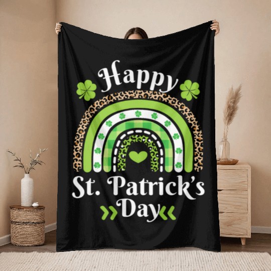Happy St Patric Day Leopard Print Rainbow Throw Blankets