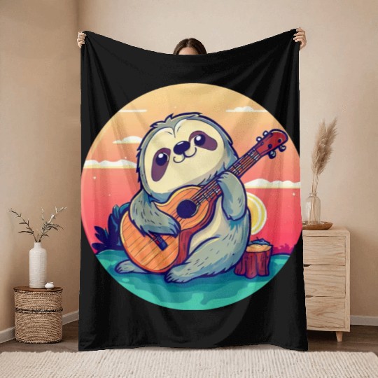 Sloth with Guitar in Sunset Throw Blankets