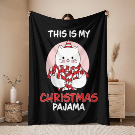 This Is My Christmas Pajama Cat In Candy Canes Throw Blankets