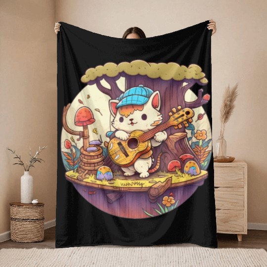 Cute Kawaii Cat Playing Guitar Banjo On Log Throw Blankets