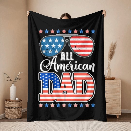 All American Dad Usa Sunglasses Flag Father's Day Throw Blankets