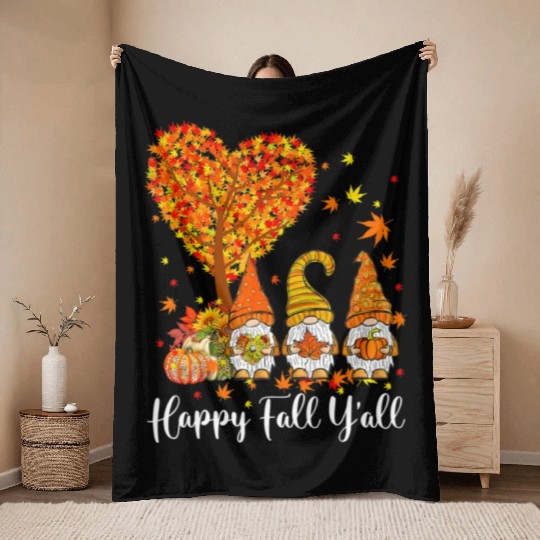 Happy Fall Y'all Gnomes Pumpkin Autumn Vibes Throw Blankets