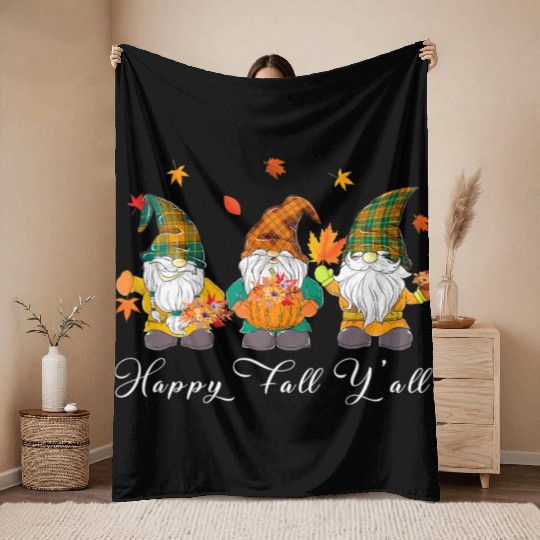 Happy Fall Y'all Thanksgiving Gnome Pumpkin Throw Blankets