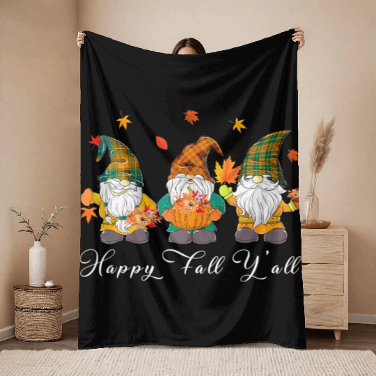 Happy Fall Y'all Thanksgiving Gnome Pumpkin Throw Blankets