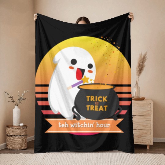 Halloween Cute Ghost Witching Hour Trick Or Treat Throw Blankets