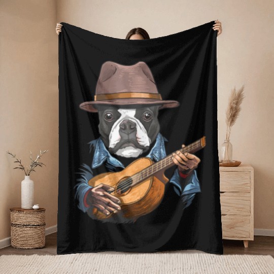 Boston Terrier Playing Guitar Pet Dog Lover Throw Blankets