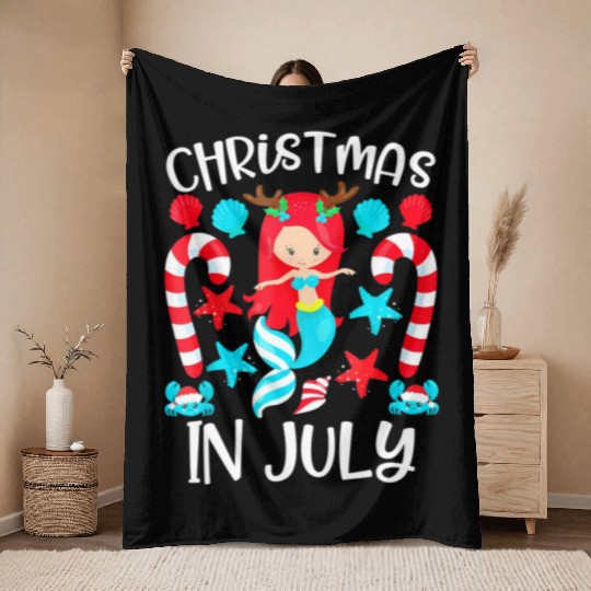 Christmas In July Cute Mermaid Summer Throw Blankets