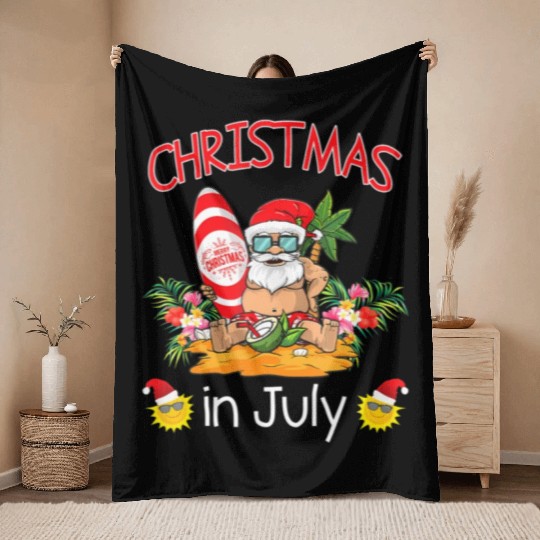 Christmas In July Funny Santa Surfing Summer Throw Blankets