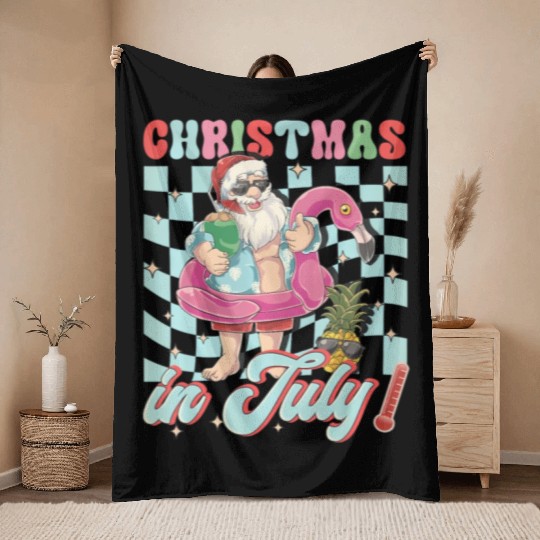 Christmas In July Groovy Santa Flamingo Float Throw Blankets