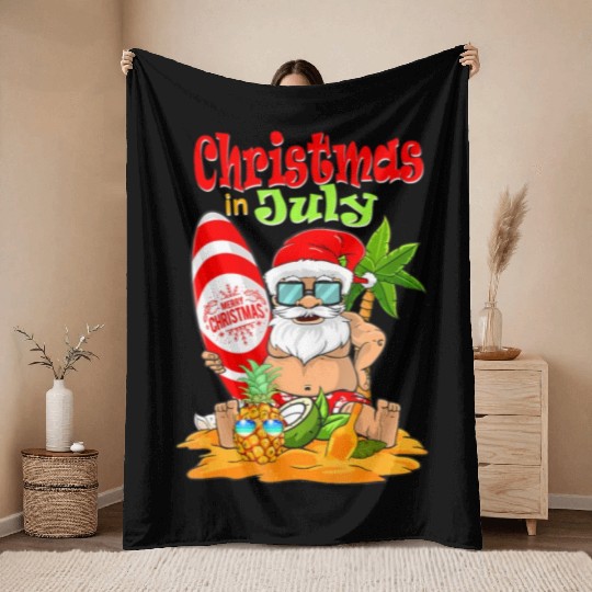 Christmas In July Funny Santa Summer Beach Throw Blankets