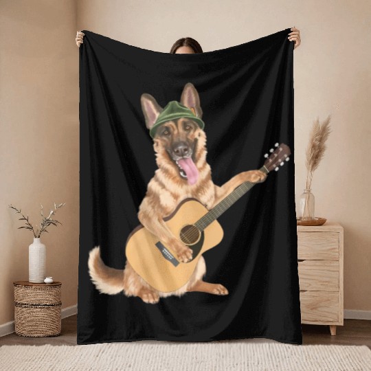 Dog playing the acoustic guitar - German Shepherd Throw Blankets