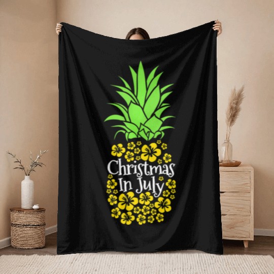 Christmas In July Funny Summer Vacation Pineapple Throw Blankets