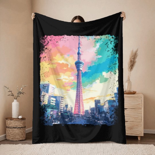 Tokyo Skytree Vaporwave Aesthetic Japanese Sight Throw Blankets