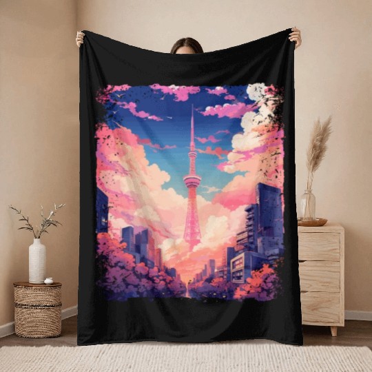 Vaporwave Aesthetic Tokyo Skytree Japanese Sight Throw Blankets