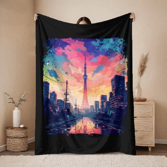 Vaporwave Japanese Aesthetic Skytree Tokyo Sight Throw Blankets