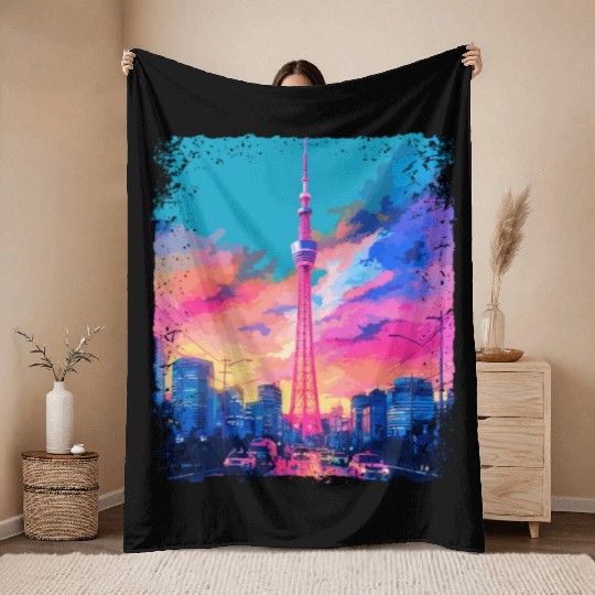 Aesthetic Japanese Skytree Tokyo Vaporwave Sight Throw Blankets
