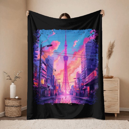 Vaporwave Aesthetic Japanese Skytree Tokyo Sight Throw Blankets