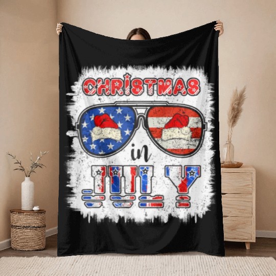 Christmas in July Santa Hat Sunglasses Summer Throw Blankets
