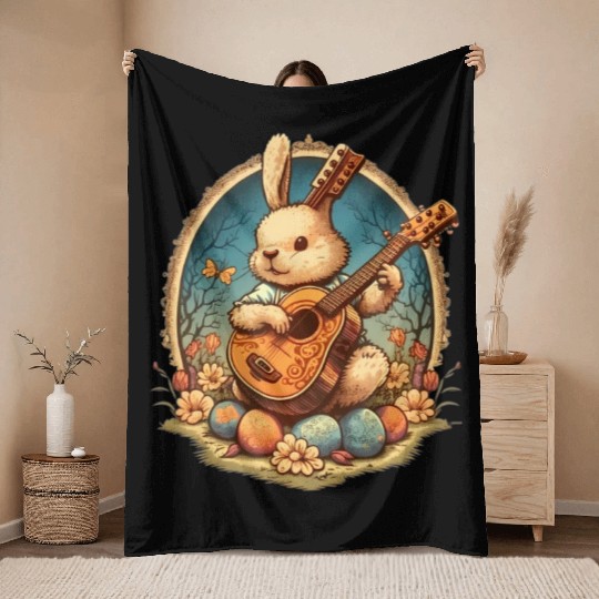 Cottagecore Aesthetic Bunny Playing Banjo Guitar Throw Blankets