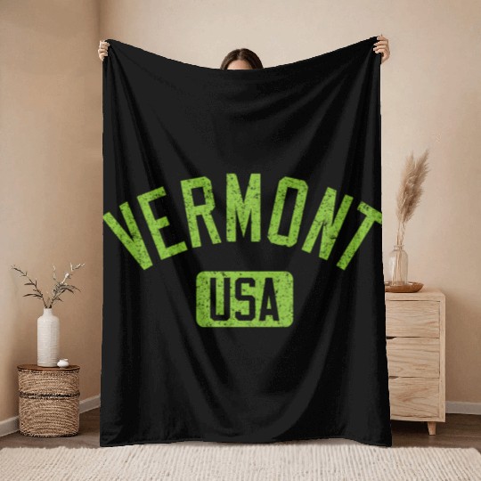 Vermont Usa Arched Text Distressed Lime Green Prin Throw Blankets