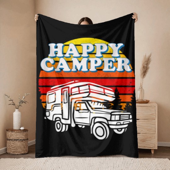 Happy Camper Funny Camping Lover Throw Blankets