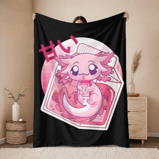 Axolotl Pastel Goth Strawberry Milk Shake Anime Ja Throw Blankets