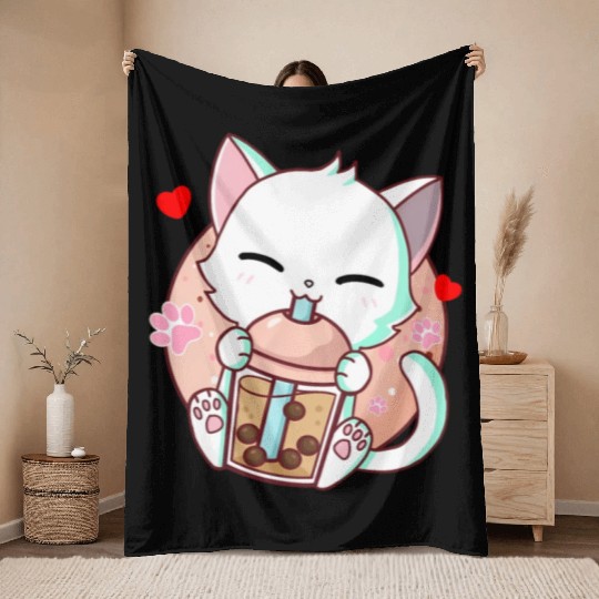 Cat Boba Tea Bubble Tea Kawaii Anime Japanese Throw Blankets