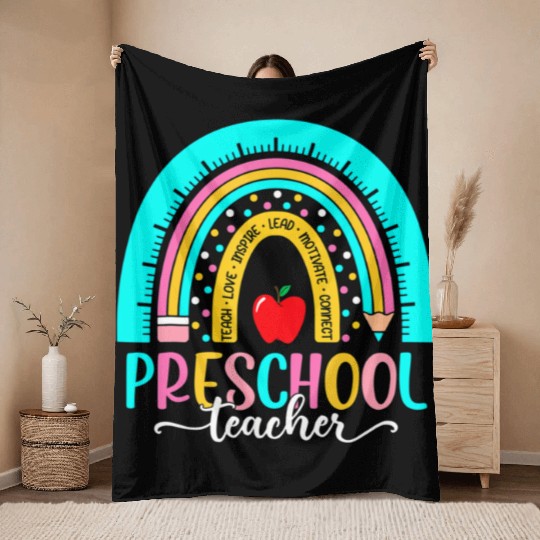 Back To School Preschool Teacher Leopard Rainbow Throw Blankets