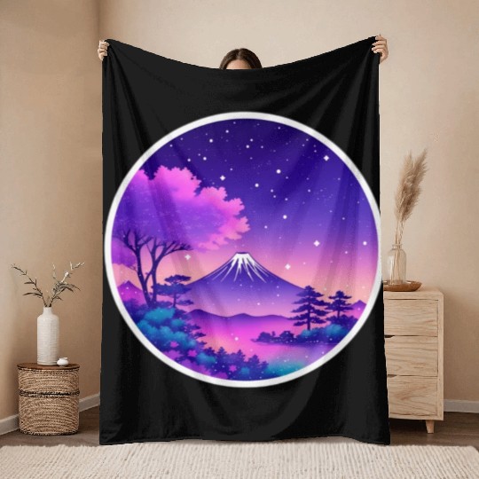 Japan Mount Fuji Night Sky Lo-Fi Art Retro Purple Throw Blankets
