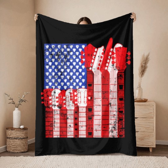 American Flag Guitar Patriotic Funny Throw Blankets