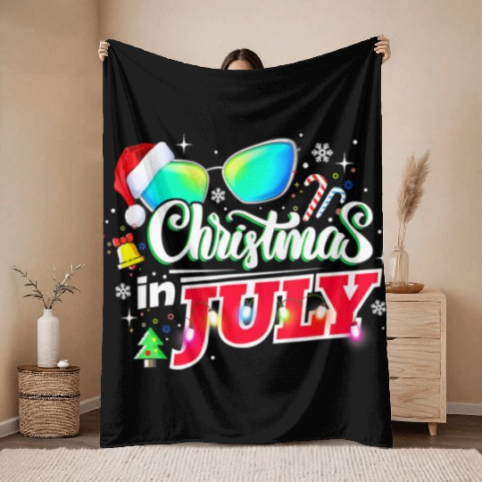 Christmas in July Santa Hat Sunglasses Summer Throw Blankets