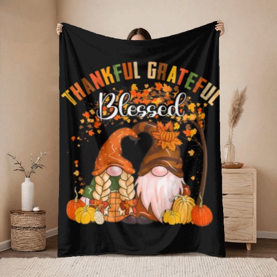 Thankful Grateful Blessed Gnomes Fall Autumn Throw Blankets