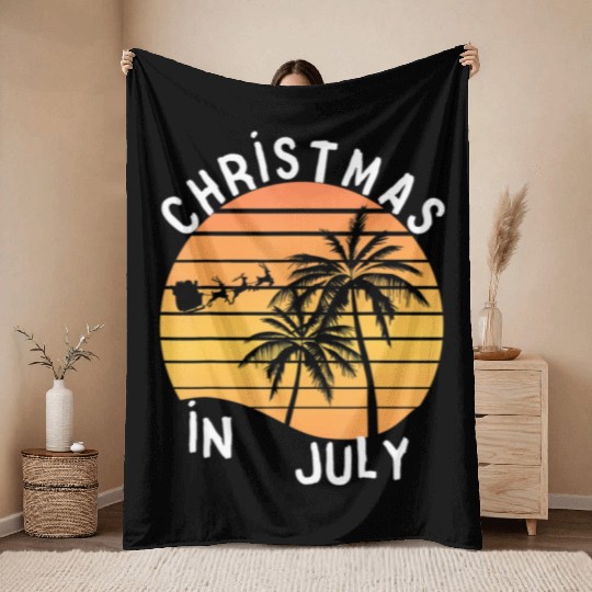 Christmas In July Santa Sledge Sunset Palm Summer Throw Blankets