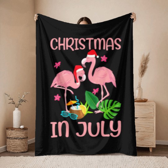 Christmas In July Pink Flamingo Wearing Santa Hat Throw Blankets