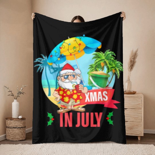 Christmas in July santa hat Xmas funny Summer Throw Blankets
