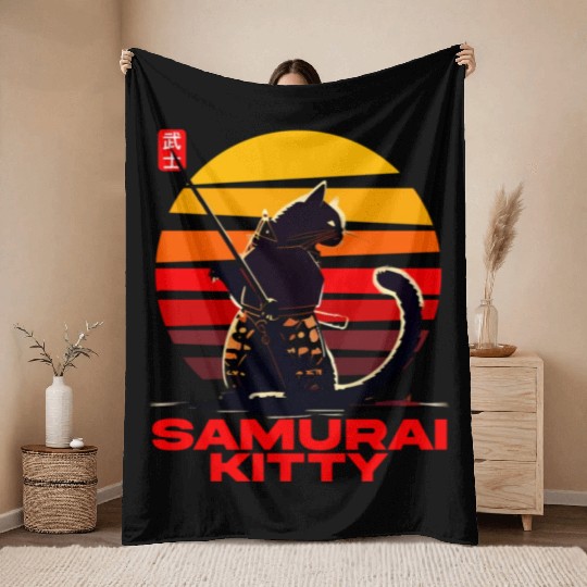 Fierce Meets Fabulous Samurai Kitty Throw Blankets