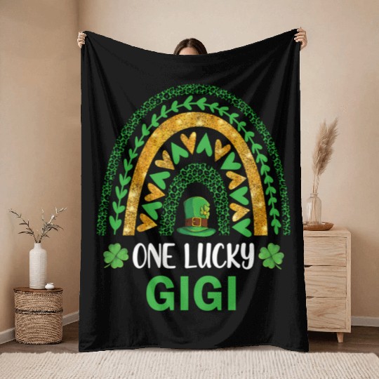 One Lucky Gigi St Patric Day Shamrock Rainbow Throw Blankets