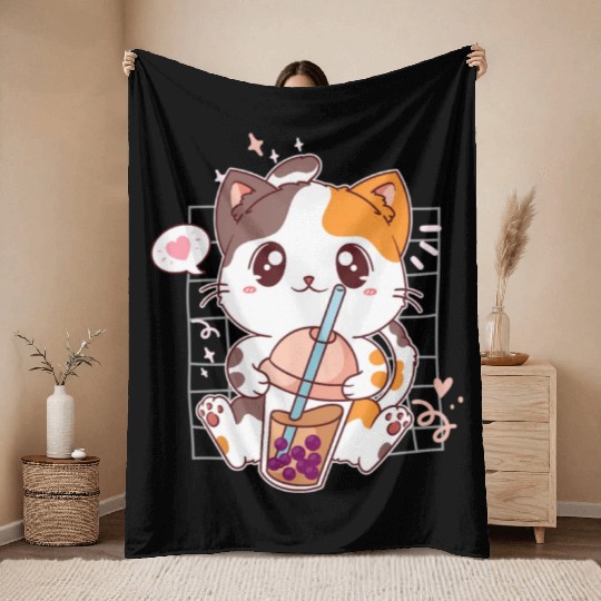 Cat Boba Tea Bubble Tea Kawaii Anime Japanese Throw Blankets