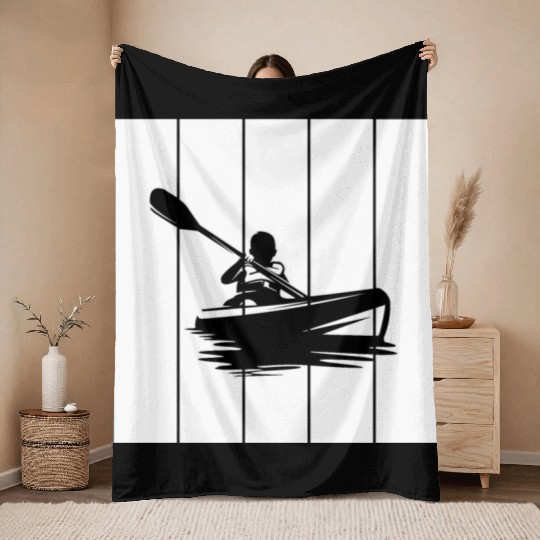 Man in a kayak boat rafting down a river Throw Blankets