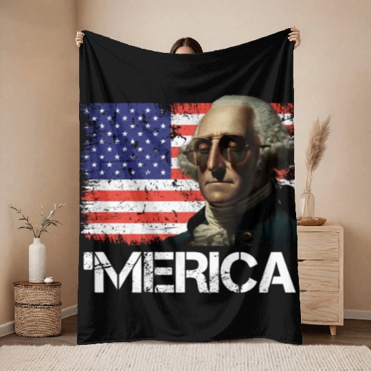 Merica George Washington Independence Day USA Throw Blankets