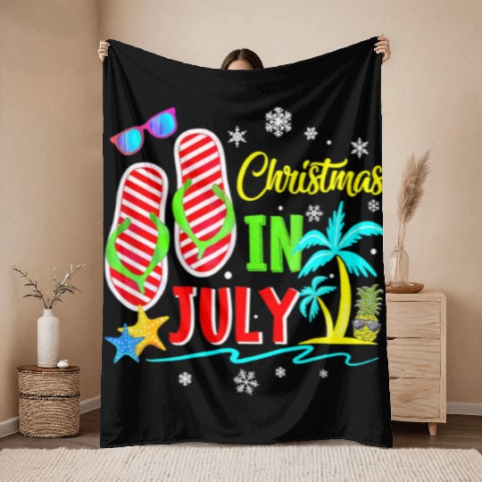 Christmas In July Flip Flops Funny Beach Summer Throw Blankets